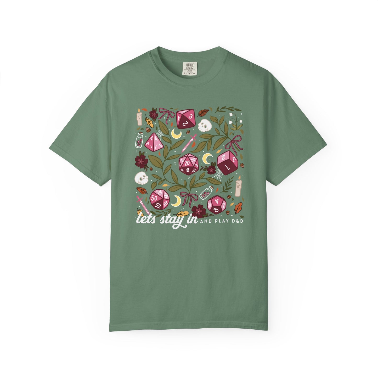 “Let’s Stay In” Tabletop Game Night Tee | Dark Academia Dice & Botanical Comfort Colors Shirt | Cozy TTRPG Graphic T-Shirt