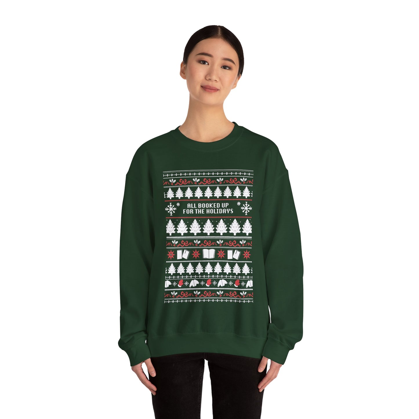 Holiday Crewneck Sweatshirt — 'All Booked Up for the Holidays' Christmas Sweater Design