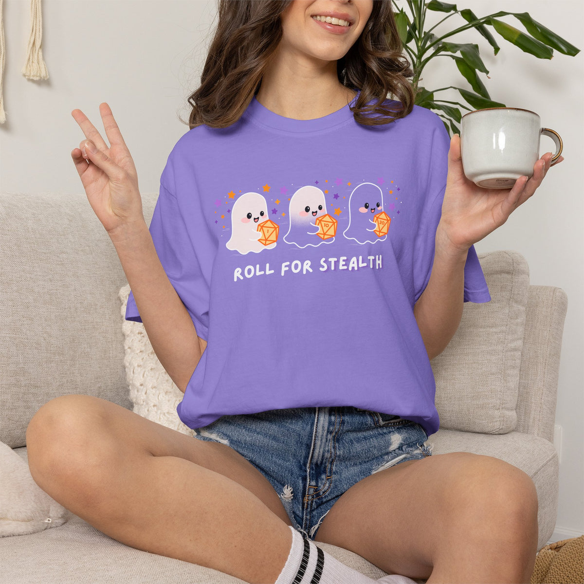 “Roll for Stealth” Ghost Dice Comfort Colors Tee | Cute Halloween TTRPG T-Shirt | Ghost Tabletop Gamer Shirt