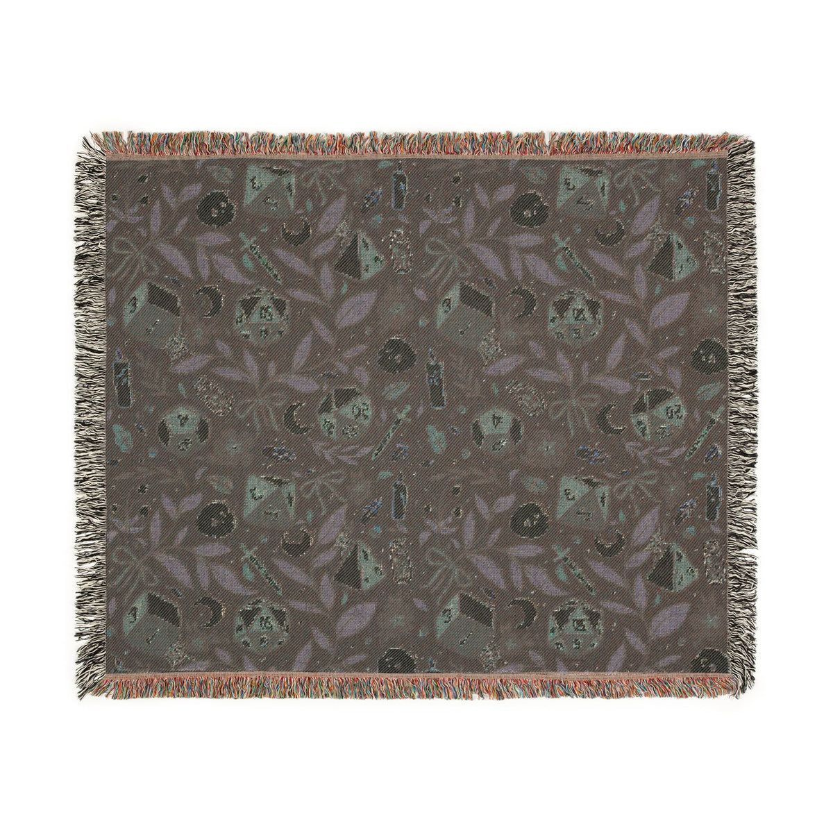 Dark Botanical Dice Woven Throw Blanket | TTRPG Tapestry Blanket | Skulls, Moons & Dice Fringe Throw
