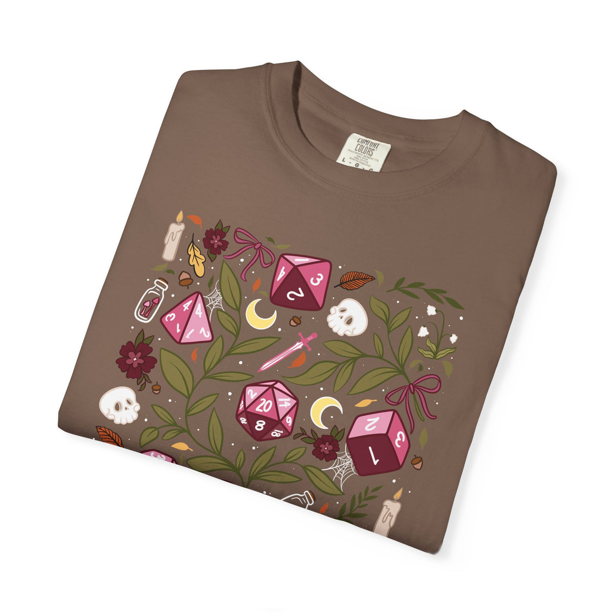 “Let’s Stay In” Tabletop Game Night Tee | Dark Academia Dice & Botanical Comfort Colors Shirt | Cozy TTRPG Graphic T-Shirt