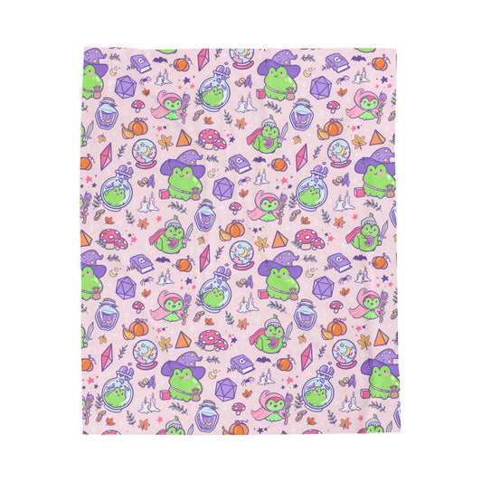 Witchy Frog Plush Velveteen Blanket | Cottagecore Fall TTRPG Throw | Cute Frog Witches with Dice, Potions & Pumpkins Blanket