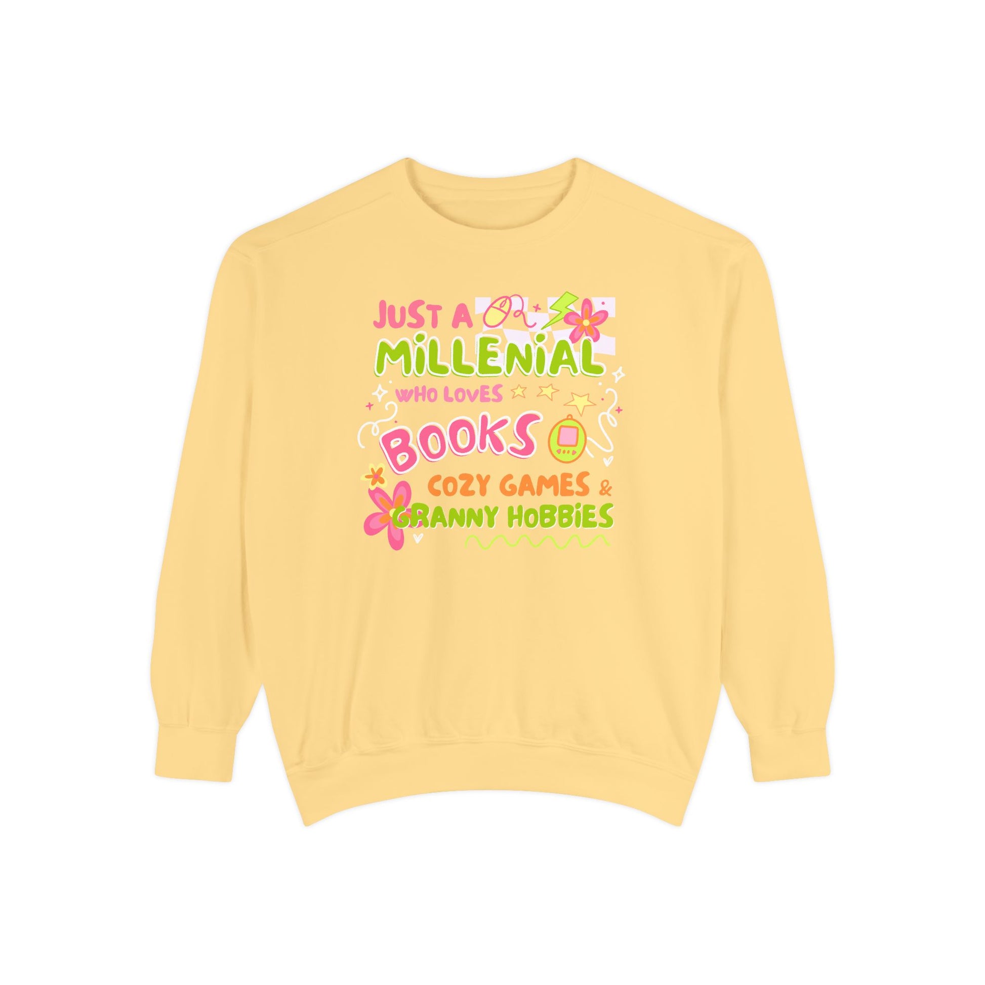 Unisex Garment-Dyed Sweatshirt crewneck sweatshirt, butter flat lay front view