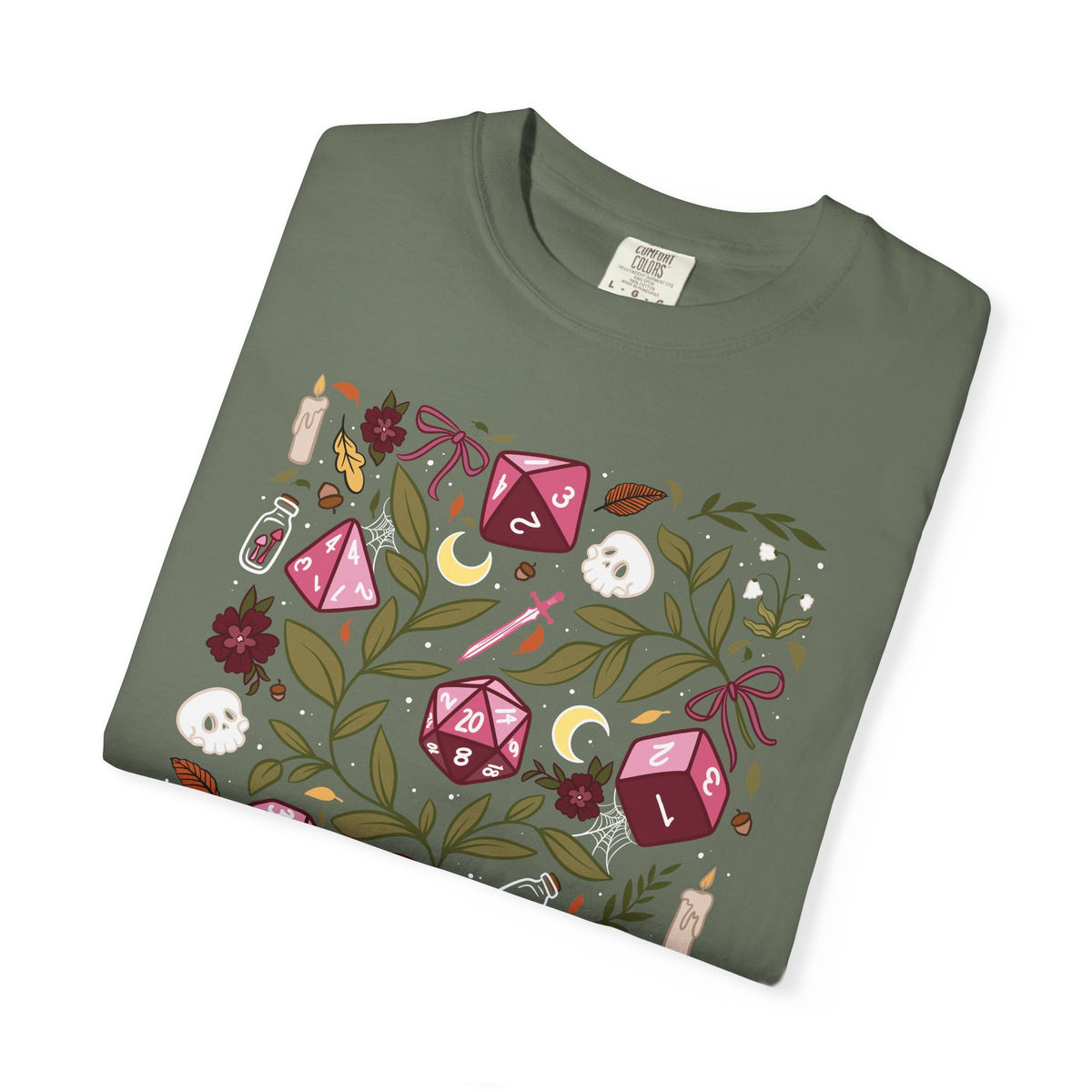 “Let’s Stay In” Tabletop Game Night Tee | Dark Academia Dice & Botanical Comfort Colors Shirt | Cozy TTRPG Graphic T-Shirt
