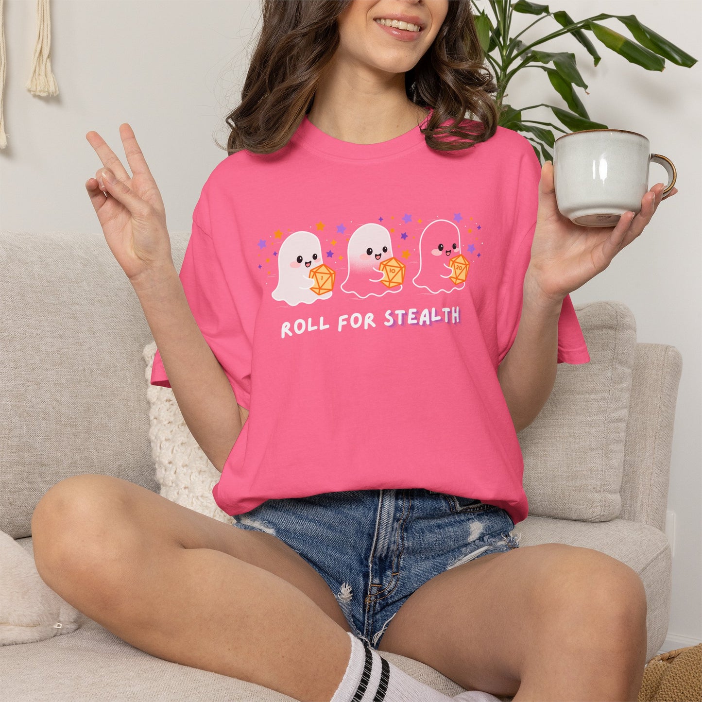 “Roll for Stealth” Ghost Dice Comfort Colors Tee | Cute Halloween TTRPG T-Shirt | Ghost Tabletop Gamer Shirt