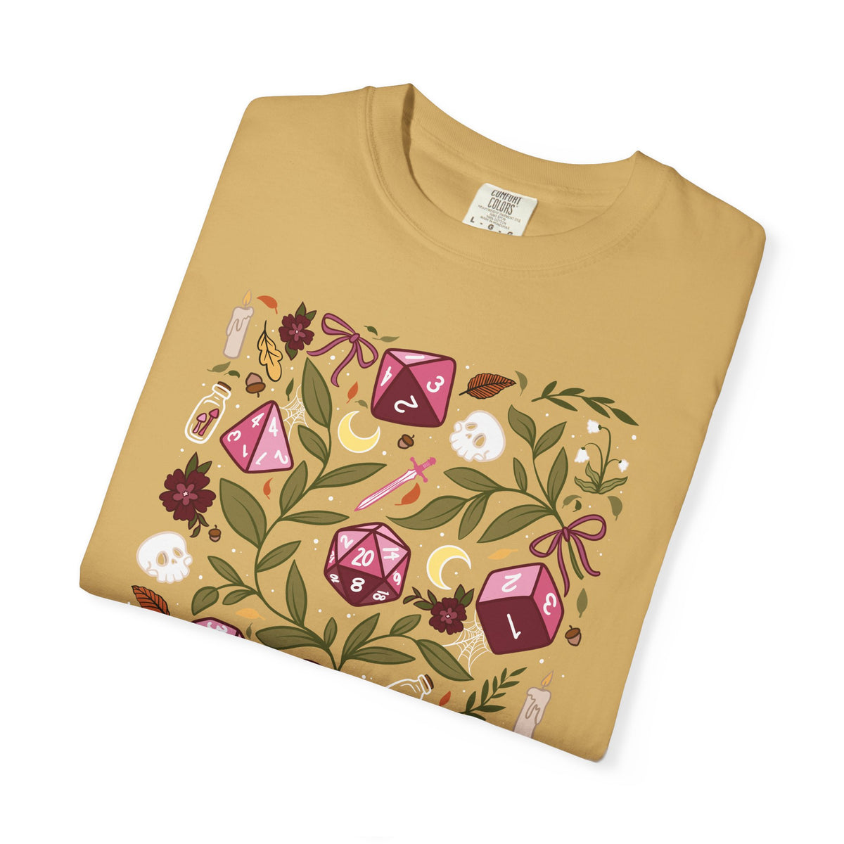 “Let’s Stay In” Tabletop Game Night Tee | Dark Academia Dice & Botanical Comfort Colors Shirt | Cozy TTRPG Graphic T-Shirt