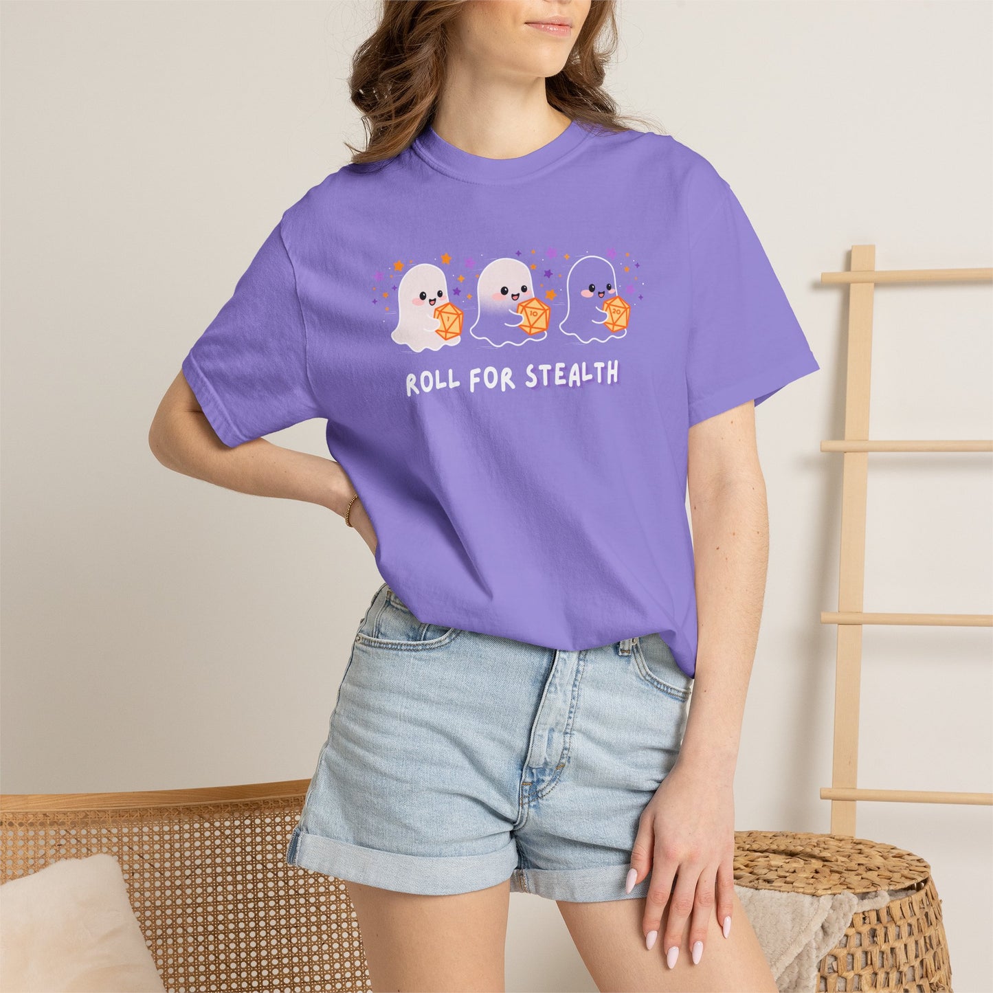 “Roll for Stealth” Ghost Dice Comfort Colors Tee | Cute Halloween TTRPG T-Shirt | Ghost Tabletop Gamer Shirt