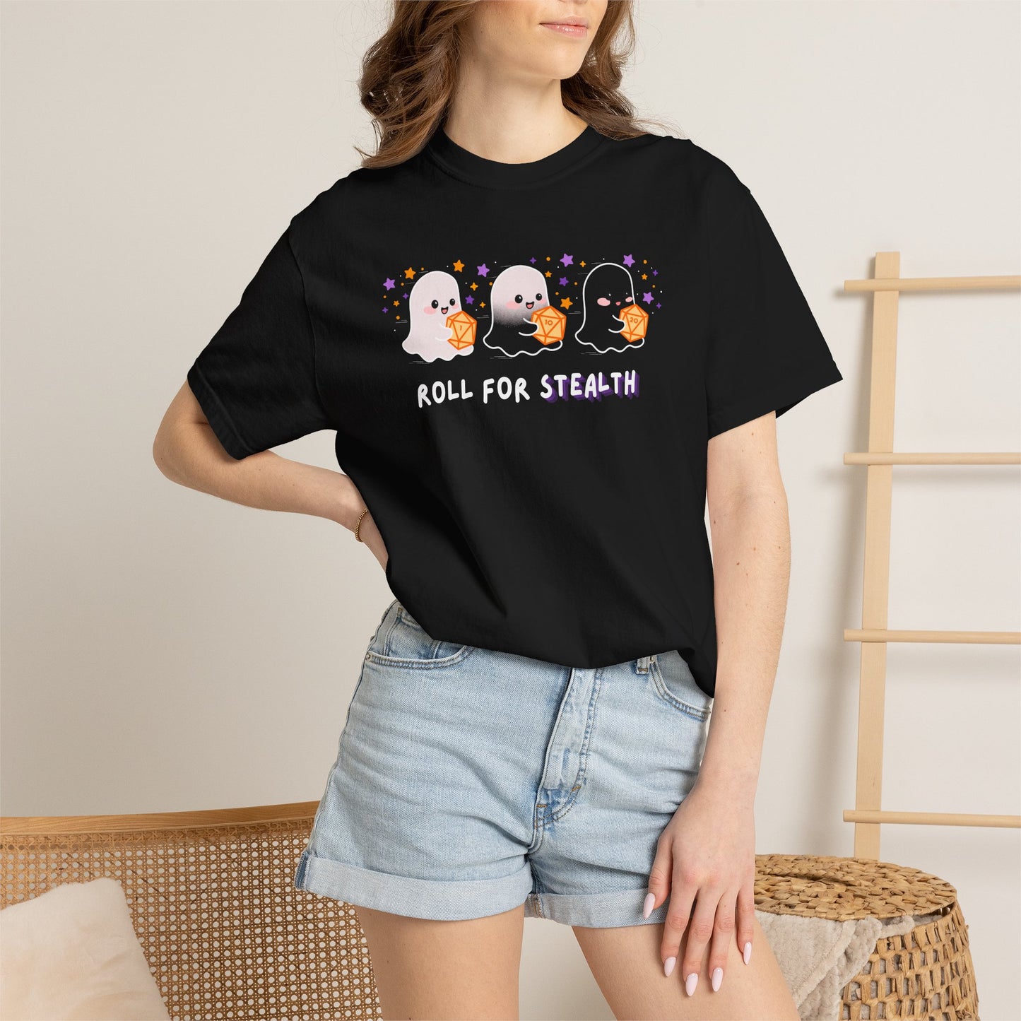 “Roll for Stealth” Ghost Dice Comfort Colors Tee | Cute Halloween TTRPG T-Shirt | Ghost Tabletop Gamer Shirt