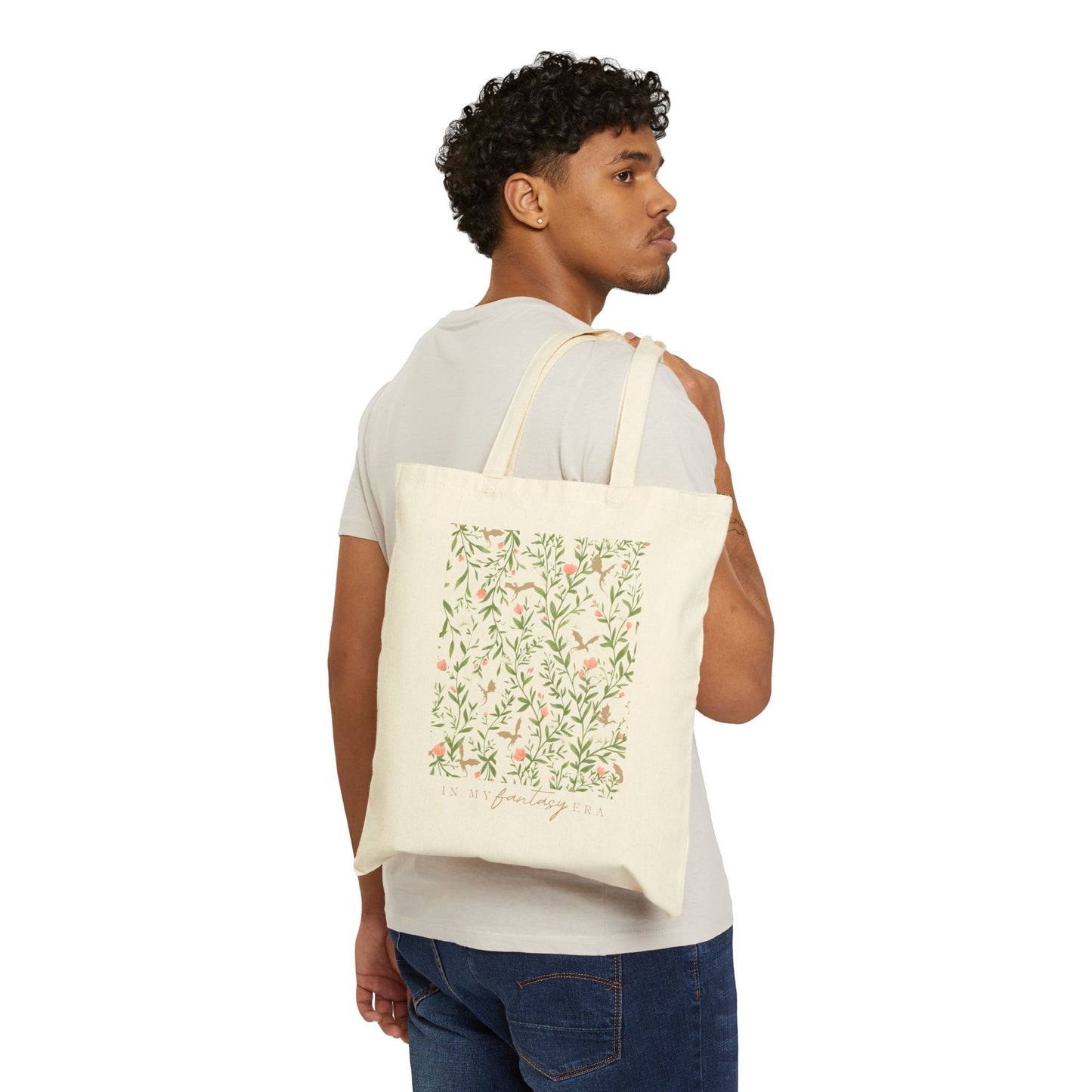 In My Fantasy Era Cotton Canvas Tote Bag, Floral Dragon Print, Spring Romantasy Reader Bookish Merch, Book Lover Gift
