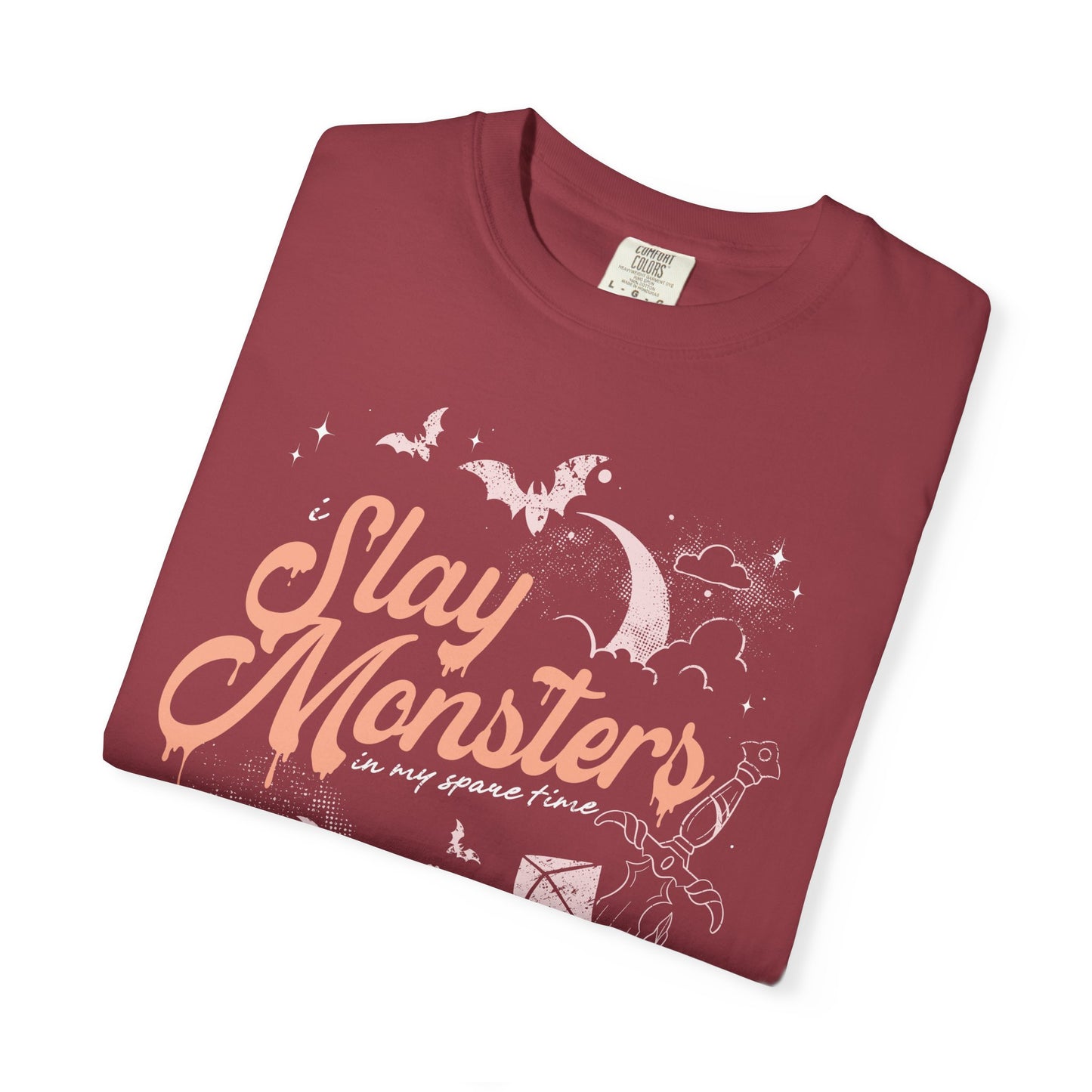 “I Slay Monsters in My Spare Time” Comfort Colors Tee | Dark Fantasy TTRPG Graphic T-Shirt | Gothic Tabletop Gamer Shirt