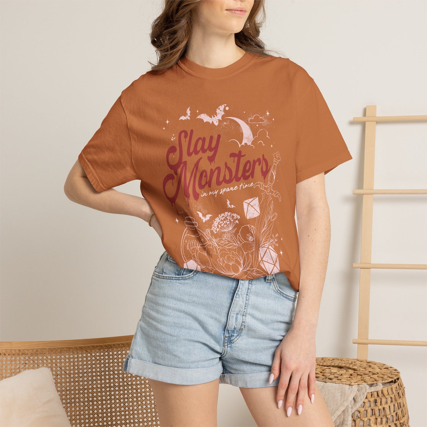 “I Slay Monsters in My Spare Time” Comfort Colors Tee | Dark Fantasy TTRPG Graphic T-Shirt | Gothic Tabletop Gamer Shirt