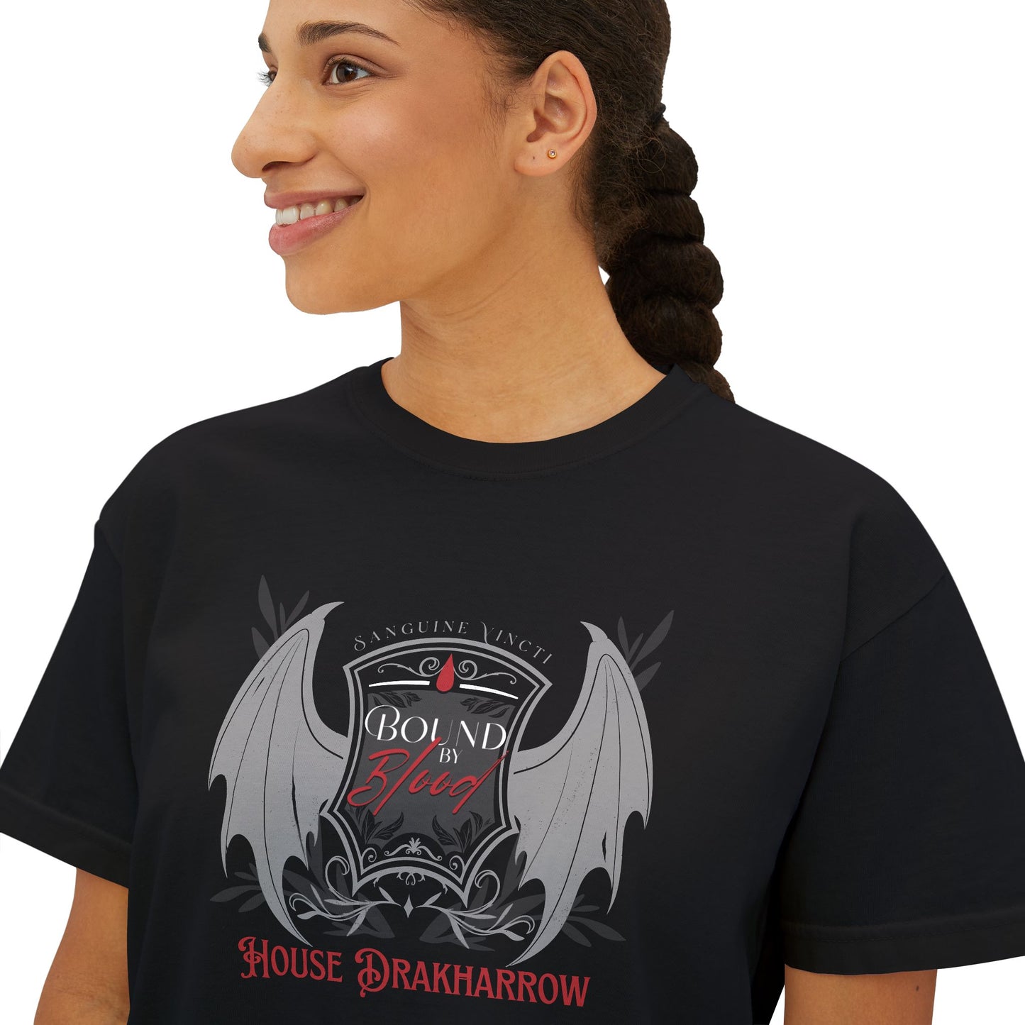 House Drakharrow Bloodwing Academy Boxy Tee | Licensed Fantasy Book Shirt | Cropped Fit Romantasy Top