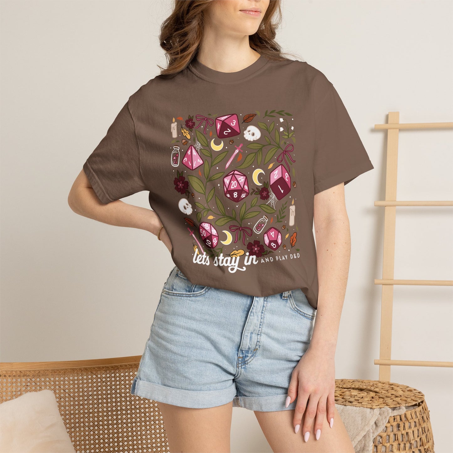 “Let’s Stay In” Tabletop Game Night Tee | Dark Academia Dice & Botanical Comfort Colors Shirt | Cozy TTRPG Graphic T-Shirt