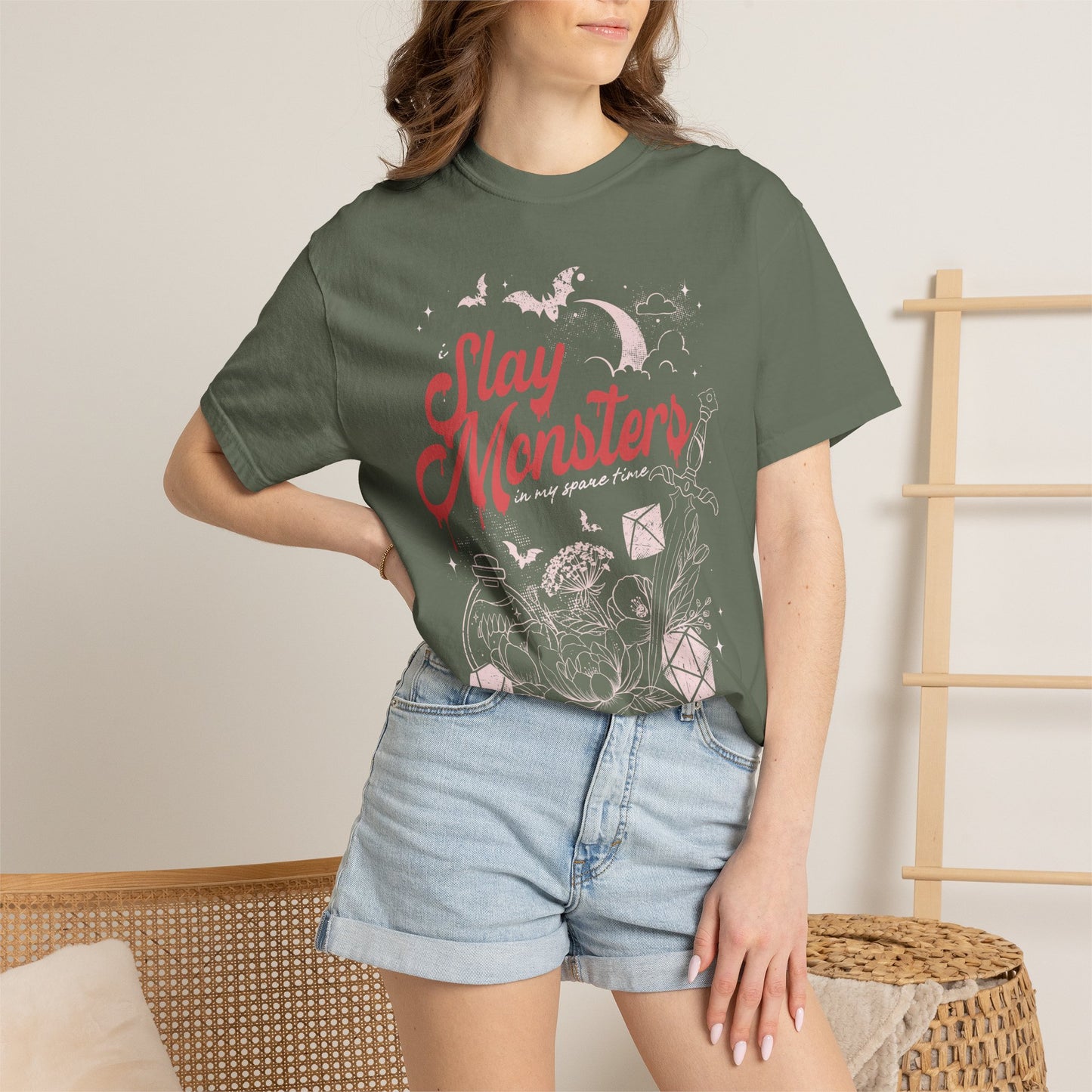“I Slay Monsters in My Spare Time” Comfort Colors Tee | Dark Fantasy TTRPG Graphic T-Shirt | Gothic Tabletop Gamer Shirt