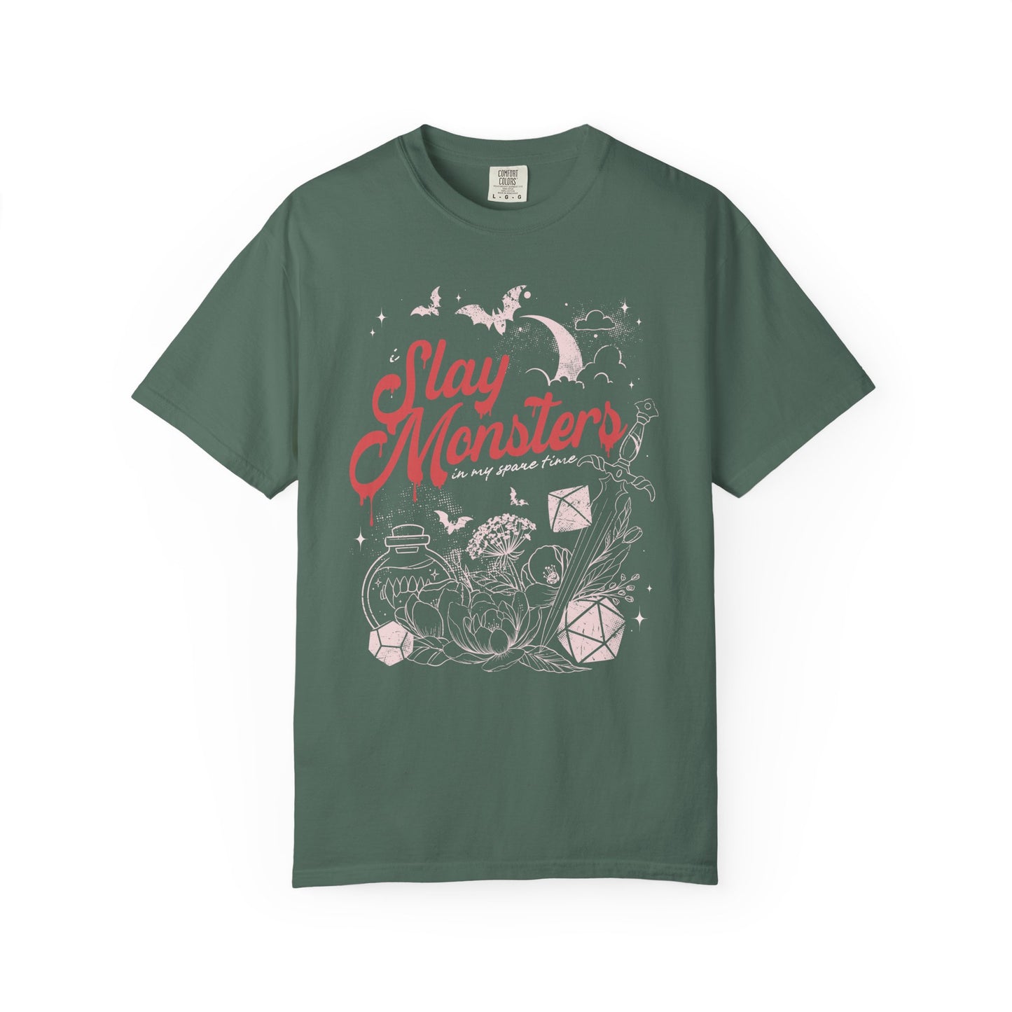 “I Slay Monsters in My Spare Time” Comfort Colors Tee | Dark Fantasy TTRPG Graphic T-Shirt | Gothic Tabletop Gamer Shirt