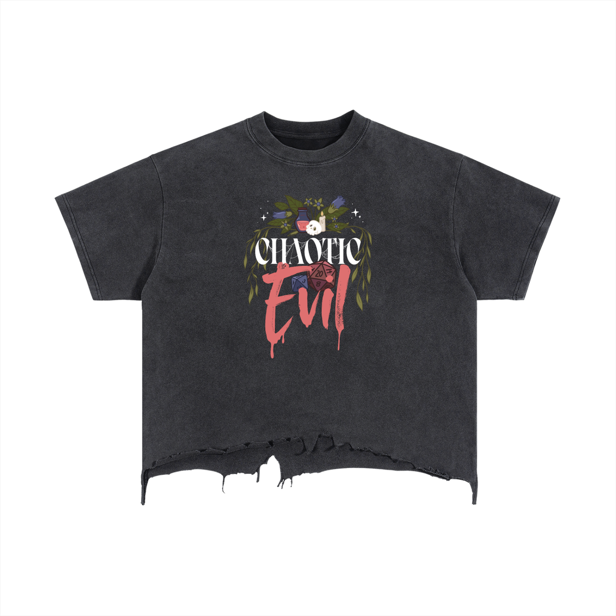 Chaotic Evil Distressed Crop Tee | Dark Fantasy TTRPG Alignment Shirt | Raw Hem Vintage Wash Graphic Tee