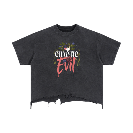 Chaotic Evil Distressed Crop Tee | Dark Fantasy TTRPG Alignment Shirt | Raw Hem Vintage Wash Graphic Tee