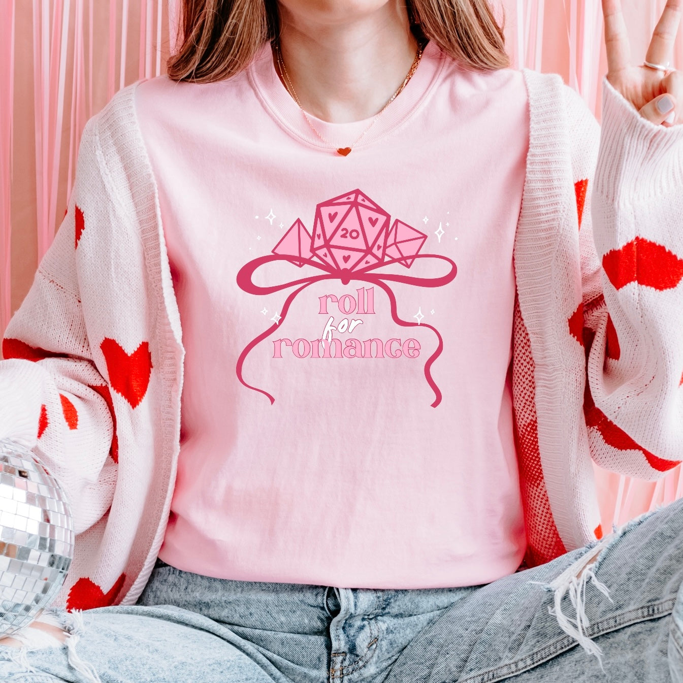 Roll Romance T-Shirt — Pink D20 RPG Tee for Gamers