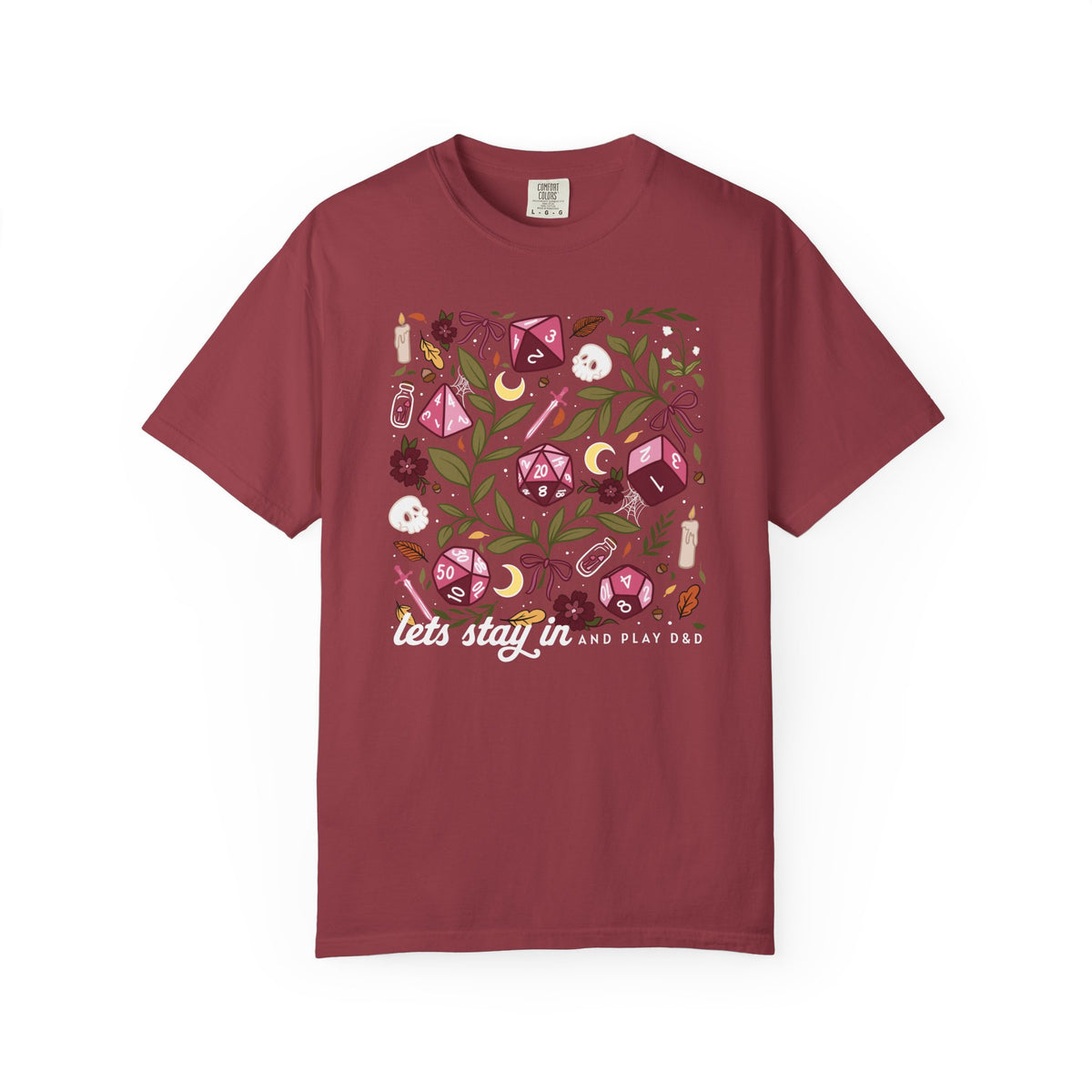 “Let’s Stay In” Tabletop Game Night Tee | Dark Academia Dice & Botanical Comfort Colors Shirt | Cozy TTRPG Graphic T-Shirt