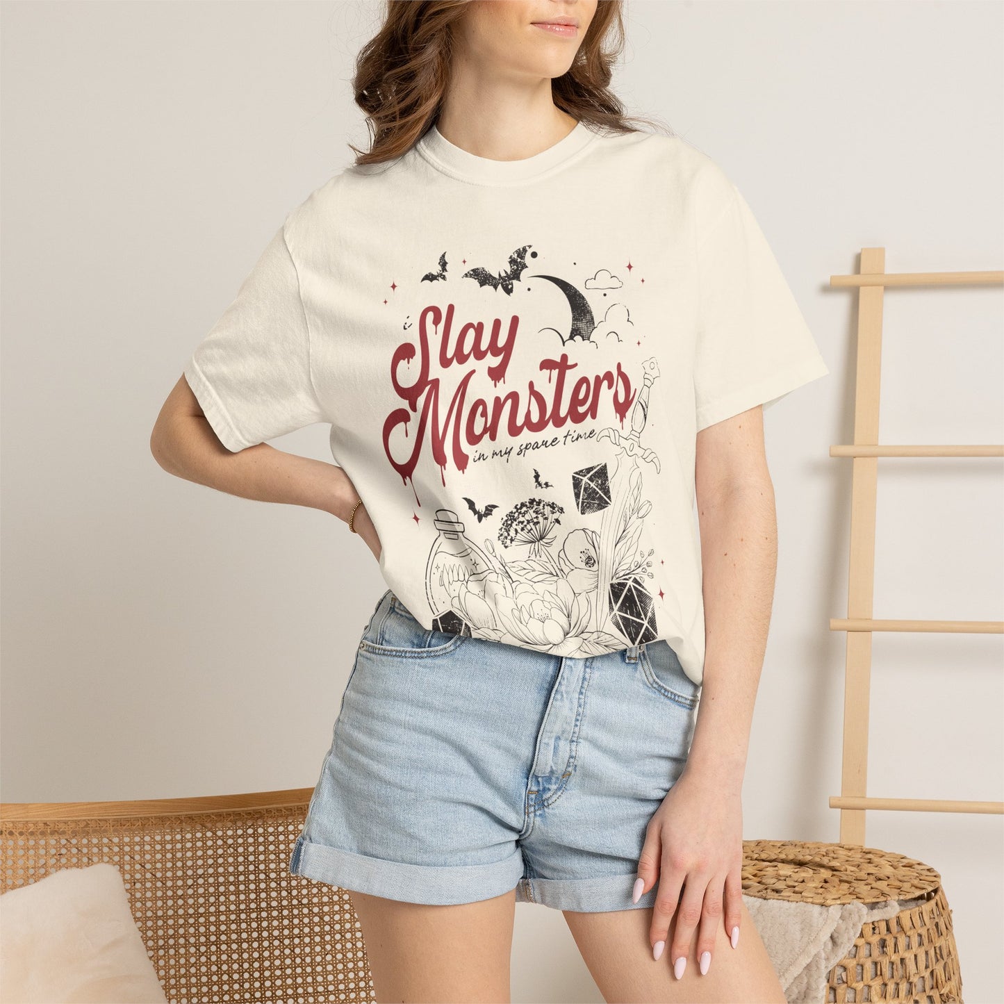 “I Slay Monsters in My Spare Time” Comfort Colors Tee | Dark Fantasy TTRPG Graphic T-Shirt | Gothic Tabletop Gamer Shirt