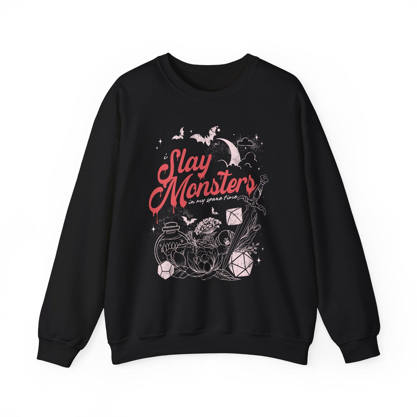 “I Slay Monsters in My Spare Time” Sweatshirt | Dark Fantasy TTRPG Crewneck | Gothic Tabletop Gamer Sweatshirt