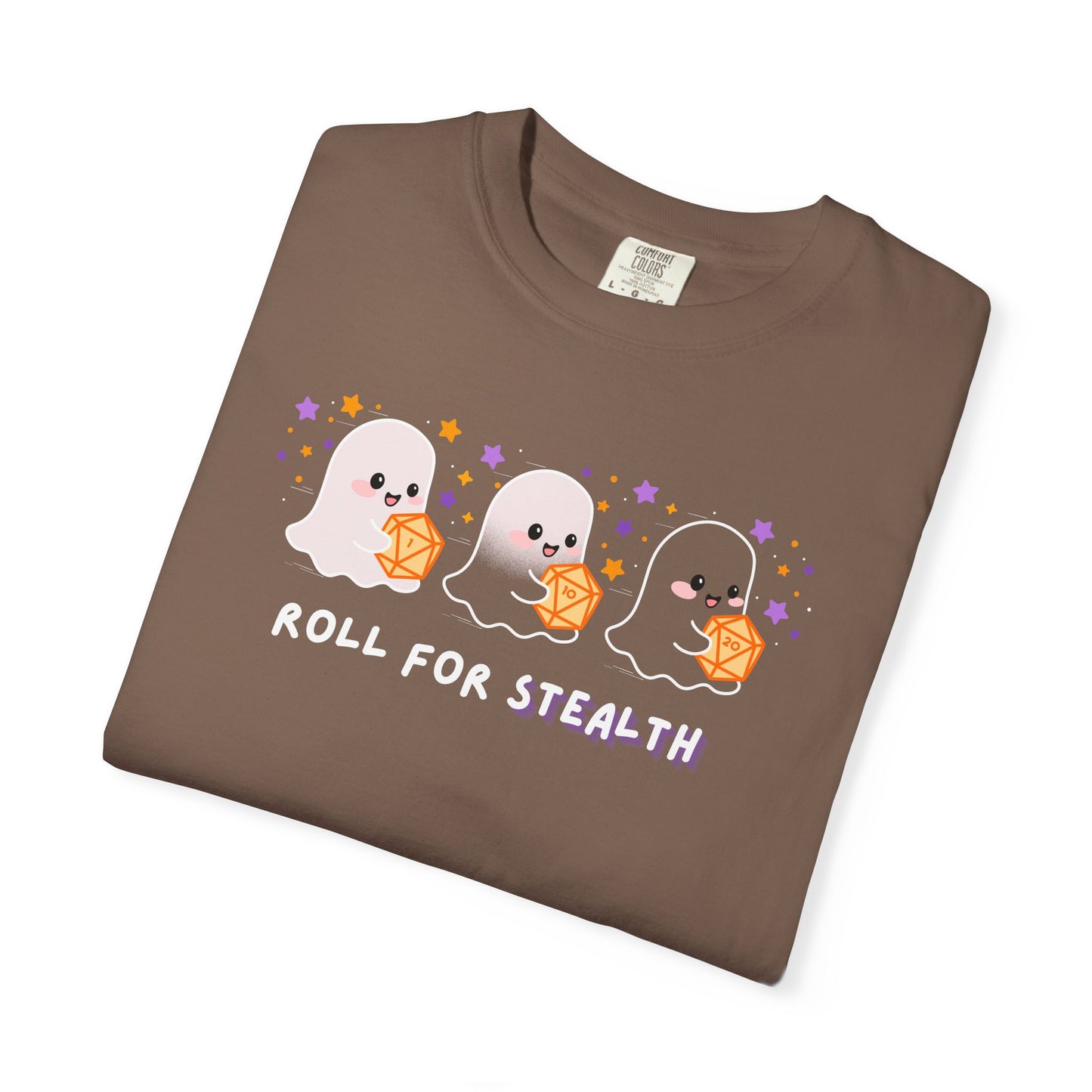 “Roll for Stealth” Ghost Dice Comfort Colors Tee | Cute Halloween TTRPG T-Shirt | Ghost Tabletop Gamer Shirt