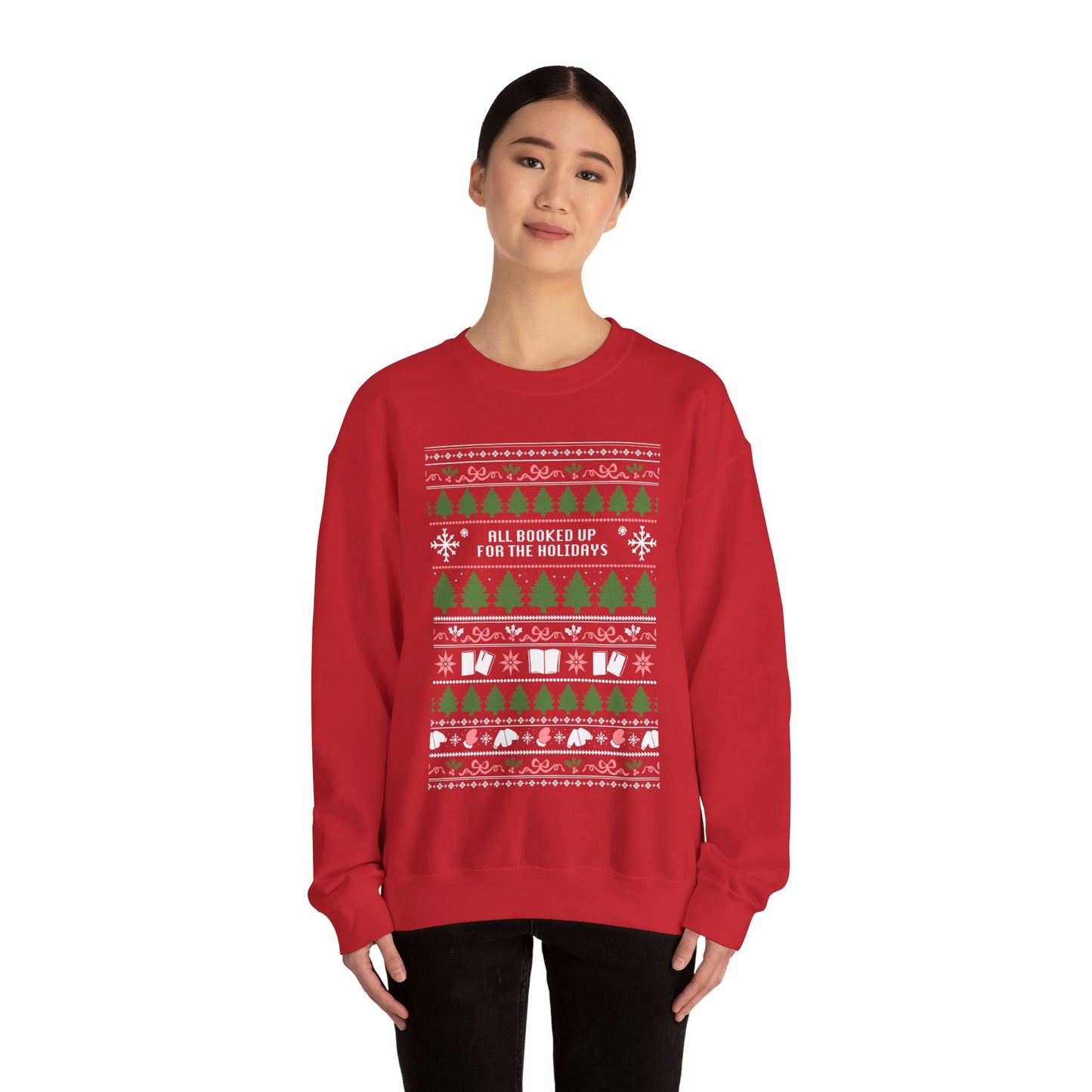Holiday Crewneck Sweatshirt — 'All Booked Up for the Holidays' Christmas Sweater Design