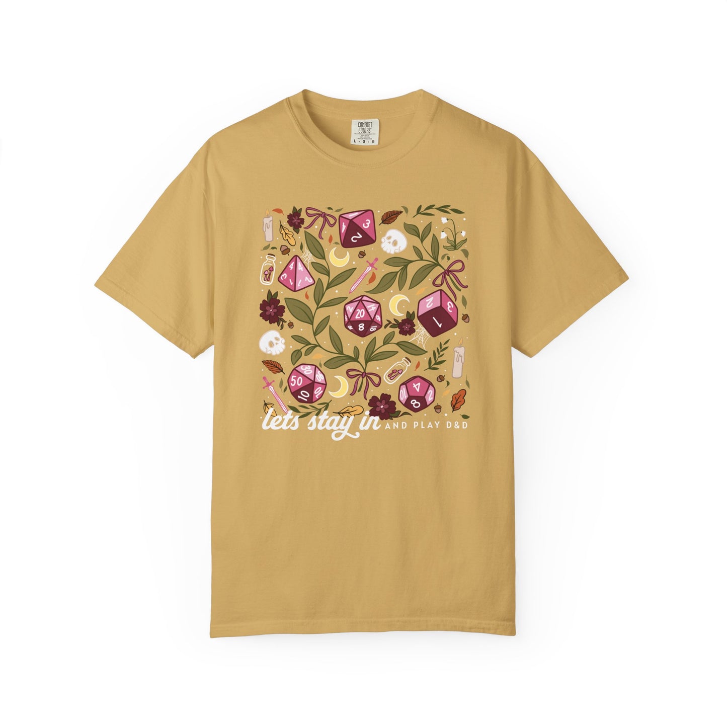 “Let’s Stay In” Tabletop Game Night Tee | Dark Academia Dice & Botanical Comfort Colors Shirt | Cozy TTRPG Graphic T-Shirt