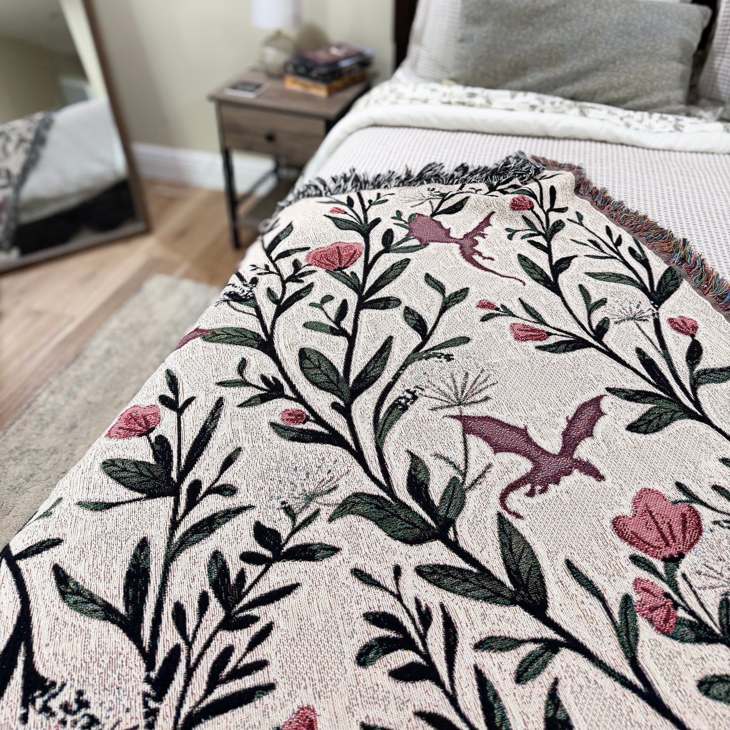 Fantasy Floral Dragons Woven Blanket, Fantasy Book Lover Gift, Romantasy Reader