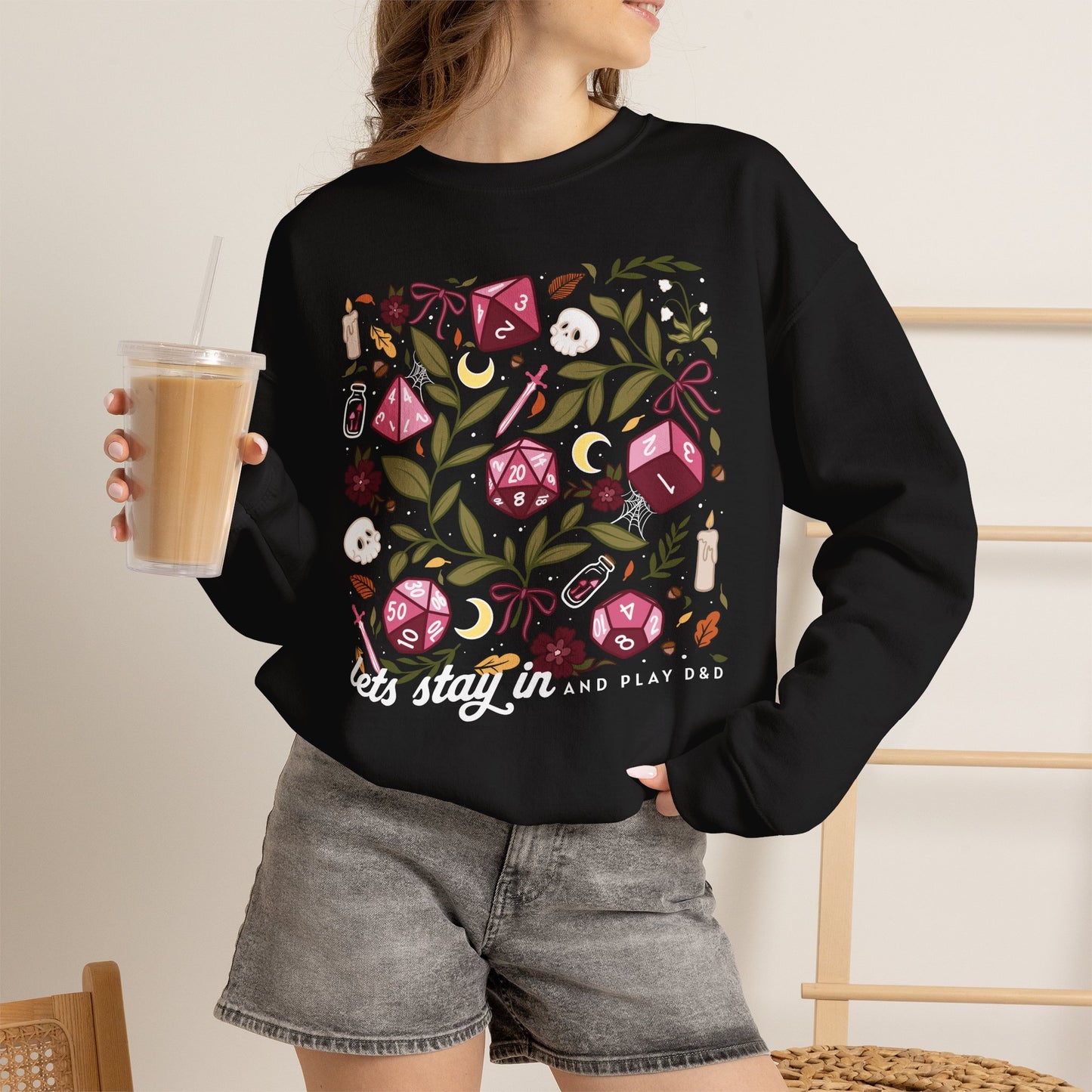 “Let’s Stay In” Dark Botanical Dice Crewneck Sweatshirt