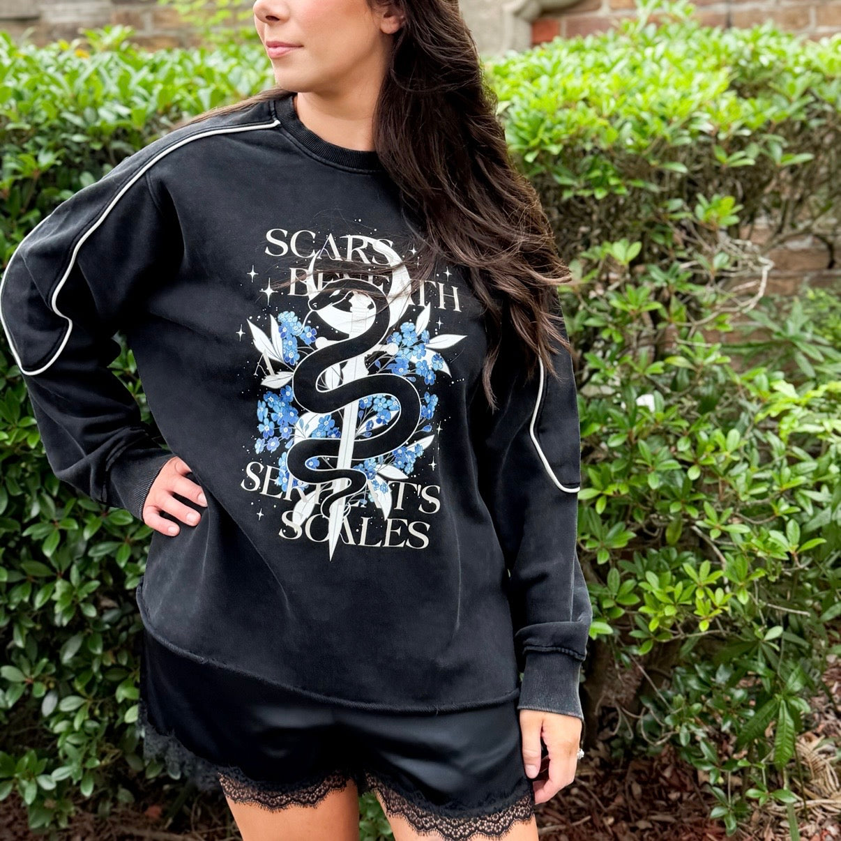 Scars Beneath a Serpent’s Scales Mineral Wash Piping Raw Hem Sweatshirt | Officially Licensed Nicole Platania Crewneck