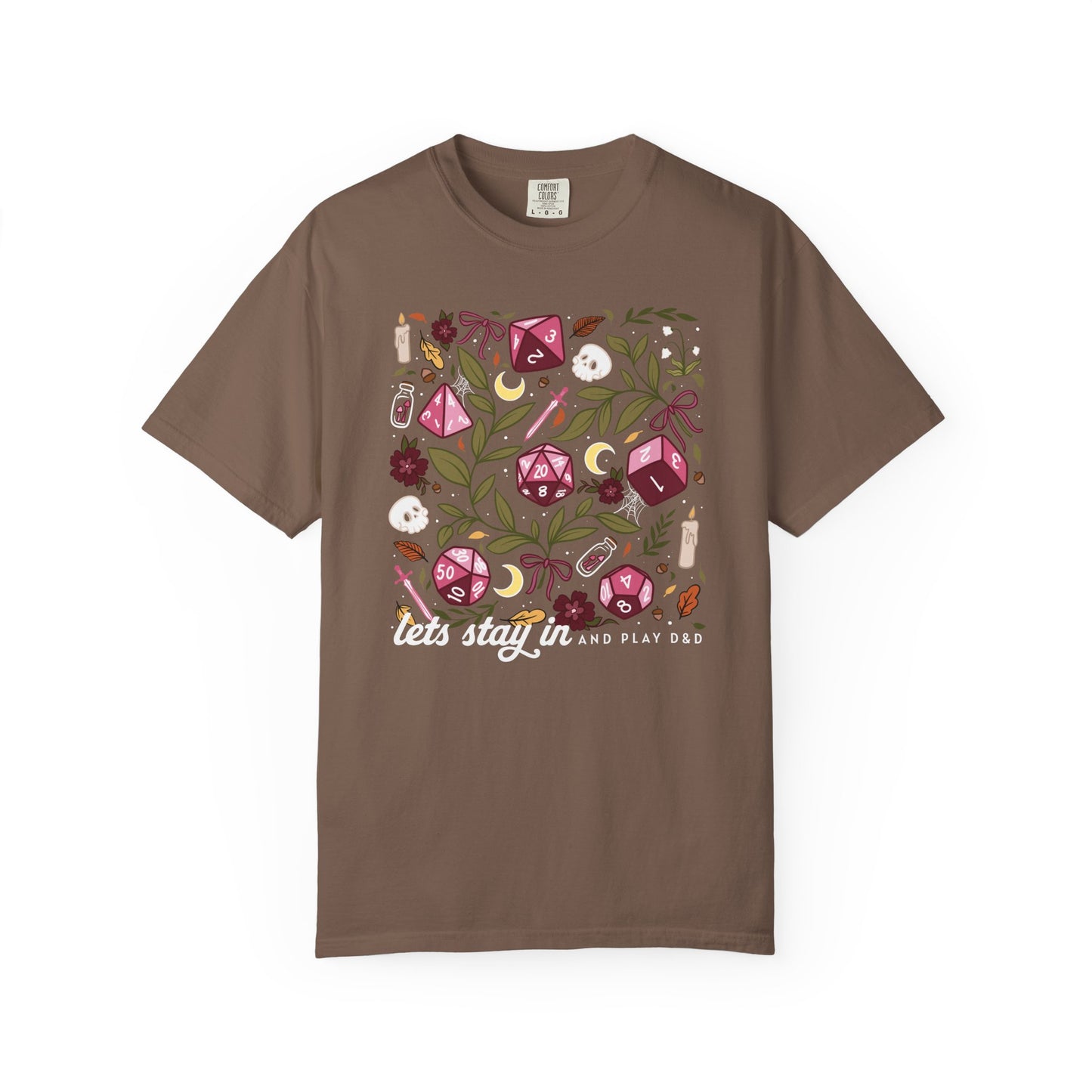 “Let’s Stay In” Tabletop Game Night Tee | Dark Academia Dice & Botanical Comfort Colors Shirt | Cozy TTRPG Graphic T-Shirt