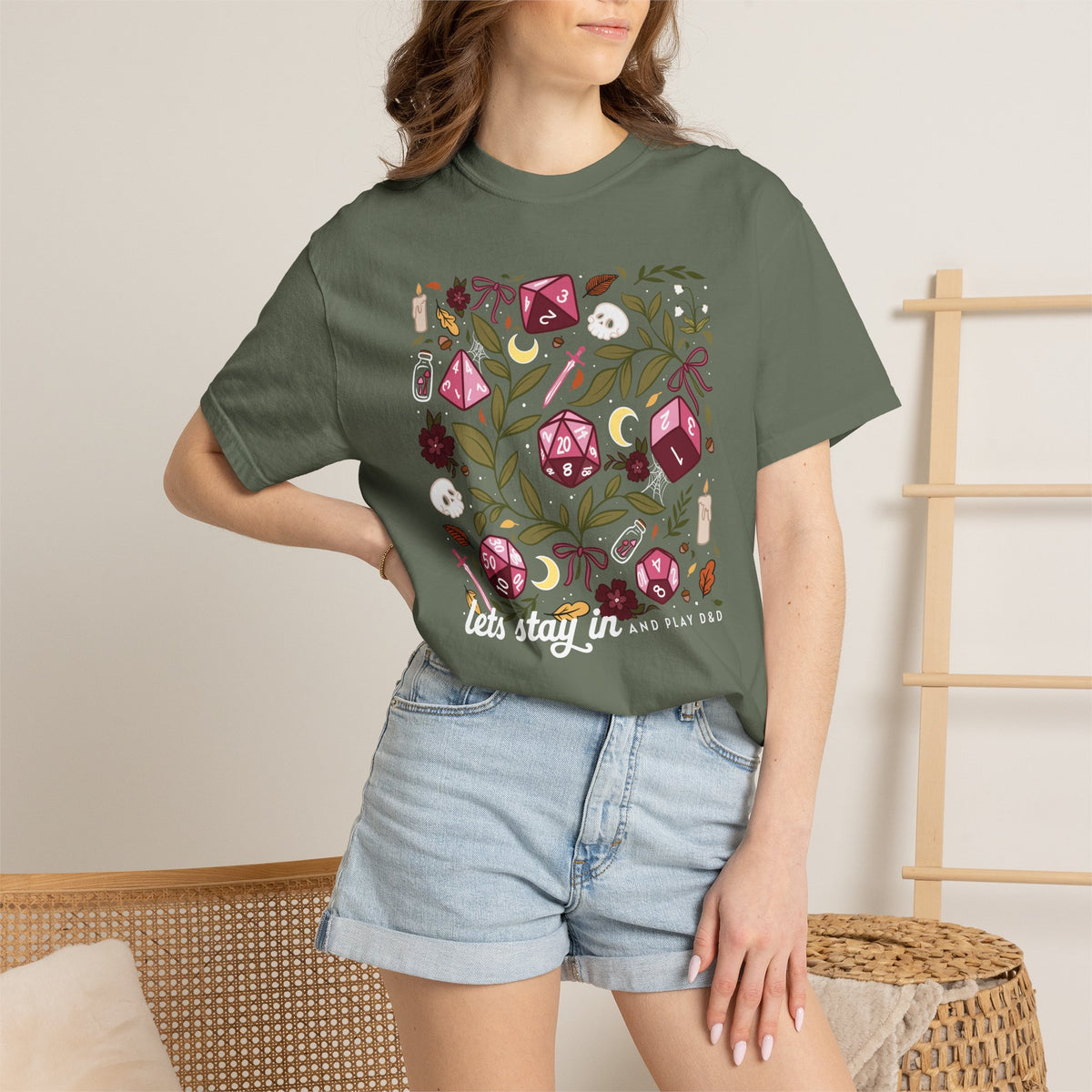 “Let’s Stay In” Tabletop Game Night Tee | Dark Academia Dice & Botanical Comfort Colors Shirt | Cozy TTRPG Graphic T-Shirt