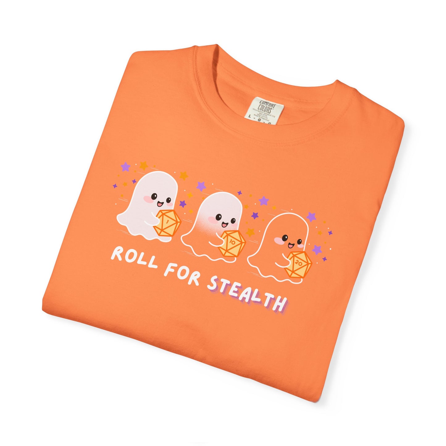 “Roll for Stealth” Ghost Dice Comfort Colors Tee | Cute Halloween TTRPG T-Shirt | Ghost Tabletop Gamer Shirt