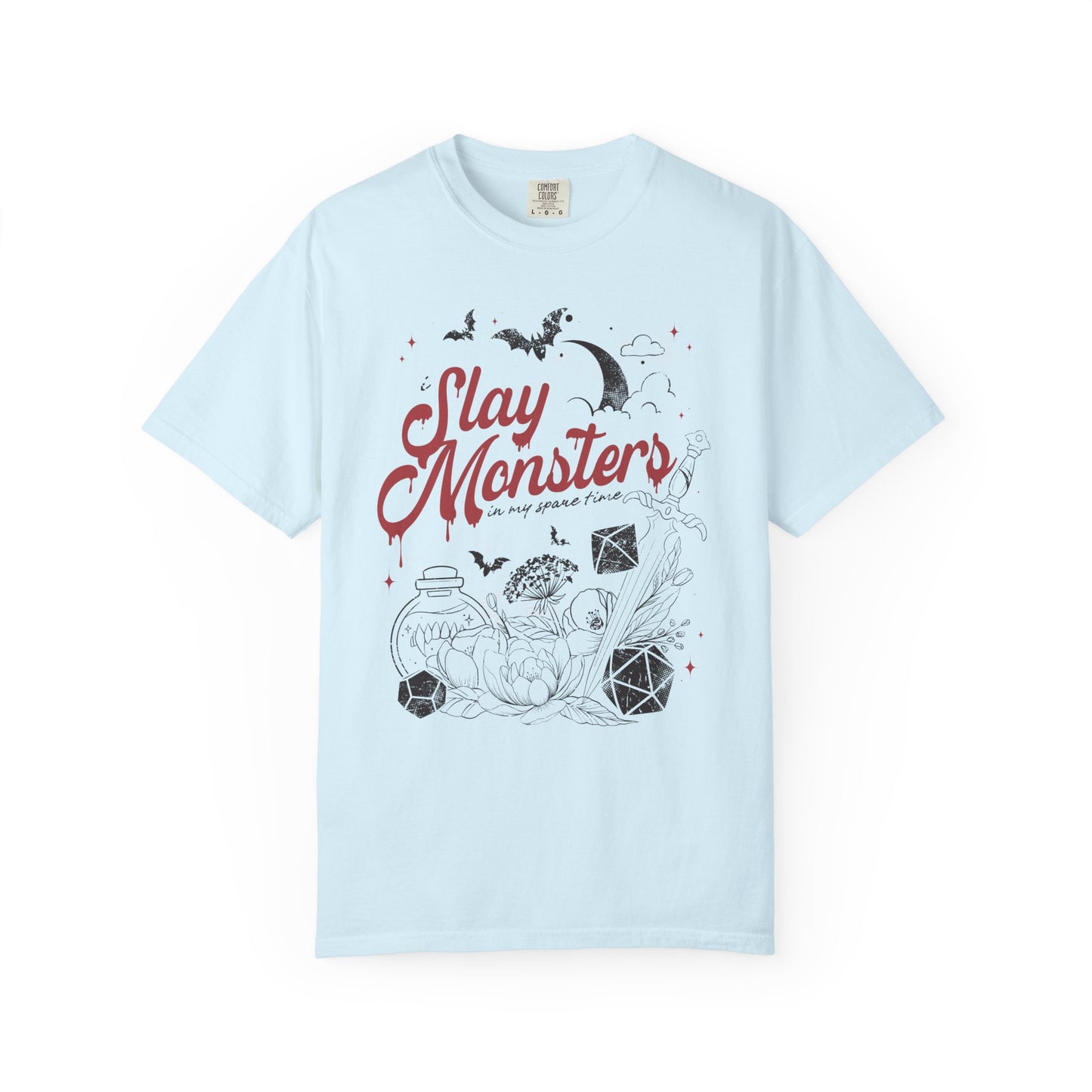 “I Slay Monsters in My Spare Time” Comfort Colors Tee | Dark Fantasy TTRPG Graphic T-Shirt | Gothic Tabletop Gamer Shirt