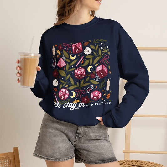“Let’s Stay In” Dark Botanical Dice Crewneck Sweatshirt