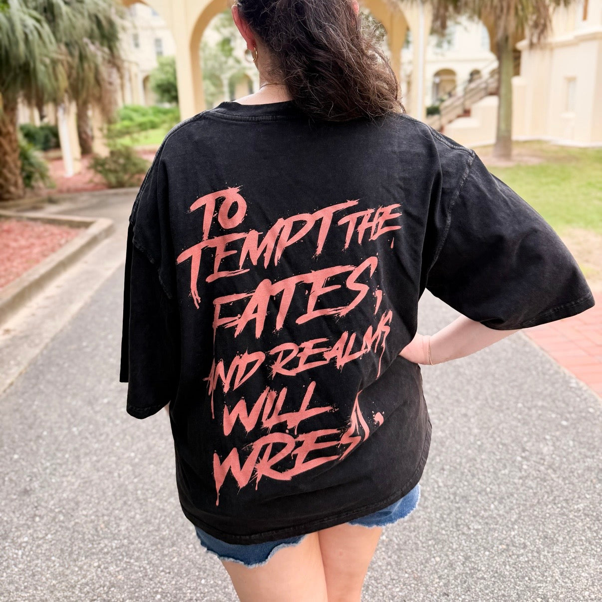 To Tempt the Fates and Realms Will Wrest Oversized Mineral Wash Boxy Tee | Officially Licensed Nicole Platania Shirt
