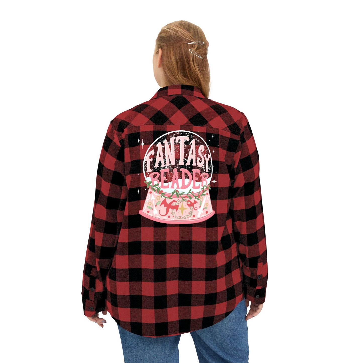 Fantasy Reader Snowglobe Buffalo Plaid Flannel Shirt | Bookish Christmas Gift for Women