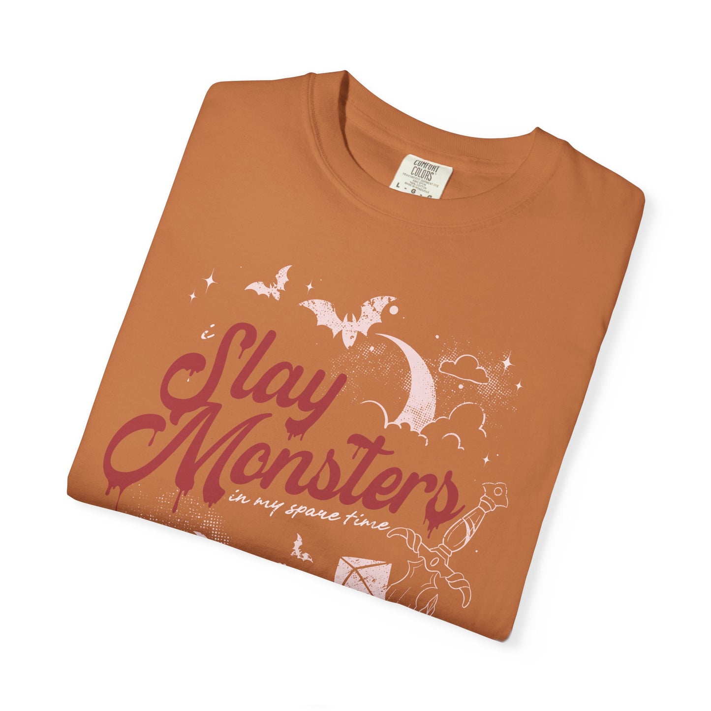 “I Slay Monsters in My Spare Time” Comfort Colors Tee | Dark Fantasy TTRPG Graphic T-Shirt | Gothic Tabletop Gamer Shirt