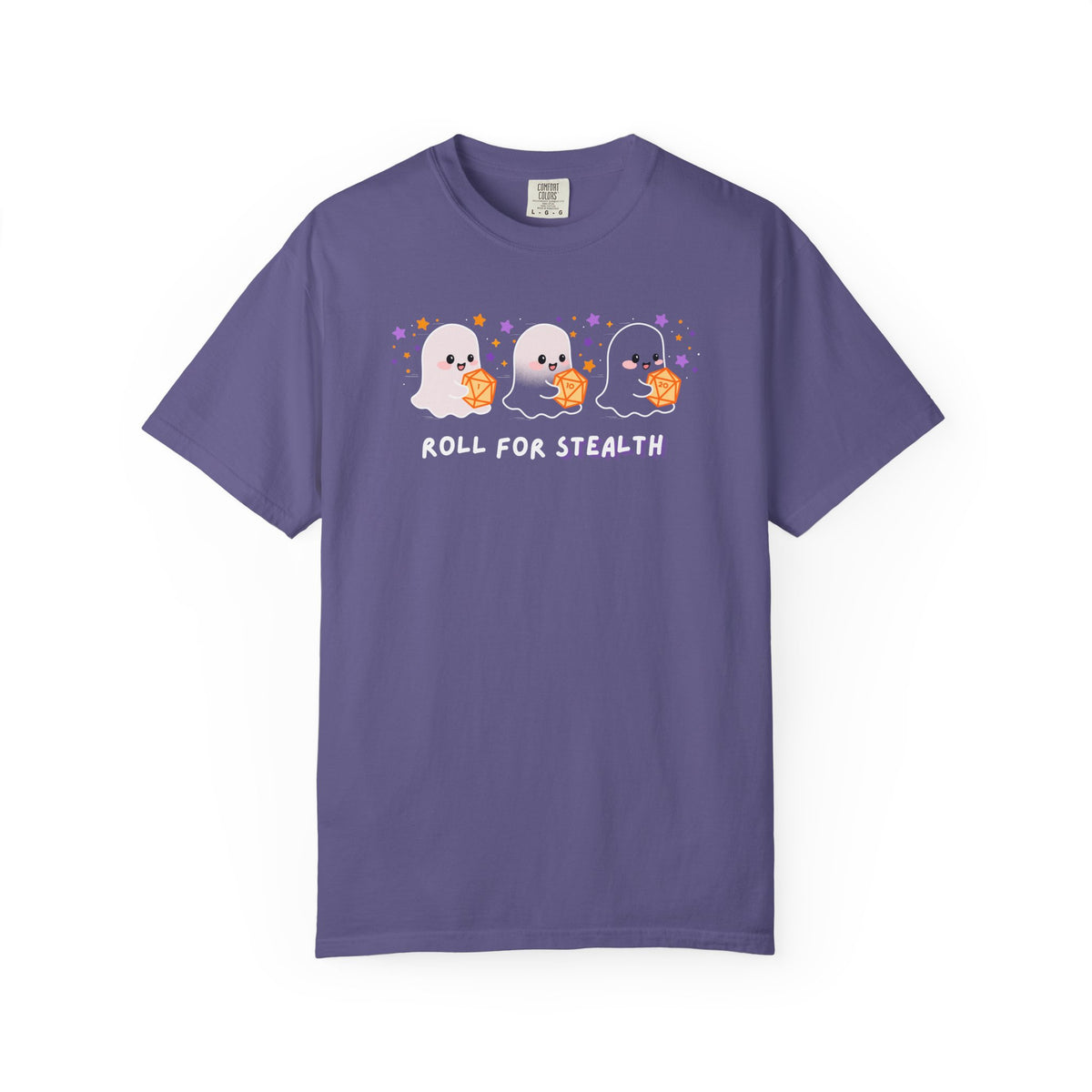“Roll for Stealth” Ghost Dice Comfort Colors Tee | Cute Halloween TTRPG T-Shirt | Ghost Tabletop Gamer Shirt