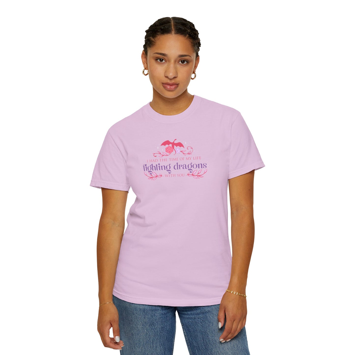 Fighting Dragons D&D Graphic T-Shirt | Pink Retro Fantasy Tee for Women | TTRPG Gamer Gift