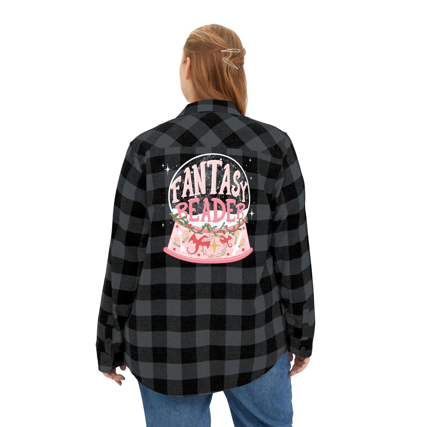 Fantasy Reader Snowglobe Buffalo Plaid Flannel Shirt | Bookish Christmas Gift for Women