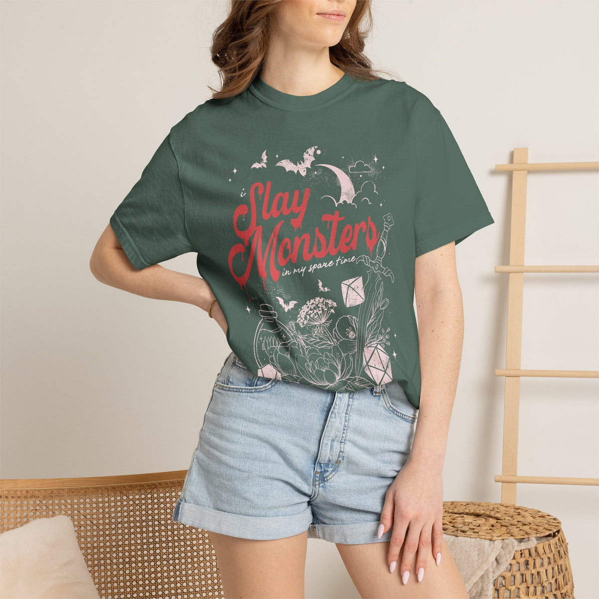 “I Slay Monsters in My Spare Time” Comfort Colors Tee | Dark Fantasy TTRPG Graphic T-Shirt | Gothic Tabletop Gamer Shirt