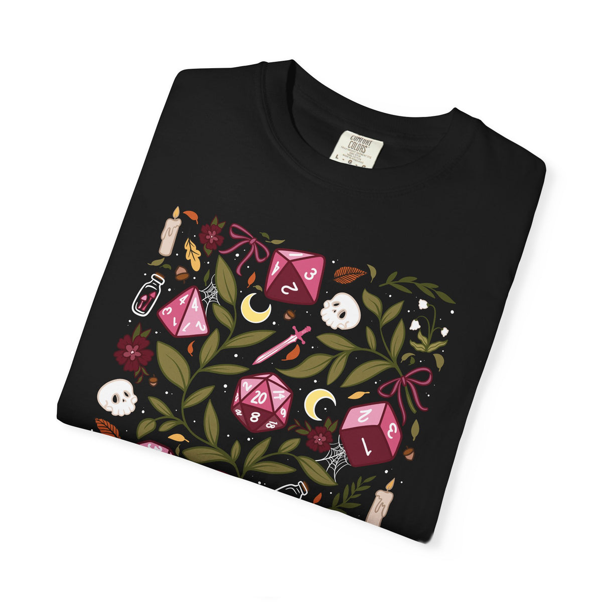 “Let’s Stay In” Tabletop Game Night Tee | Dark Academia Dice & Botanical Comfort Colors Shirt | Cozy TTRPG Graphic T-Shirt