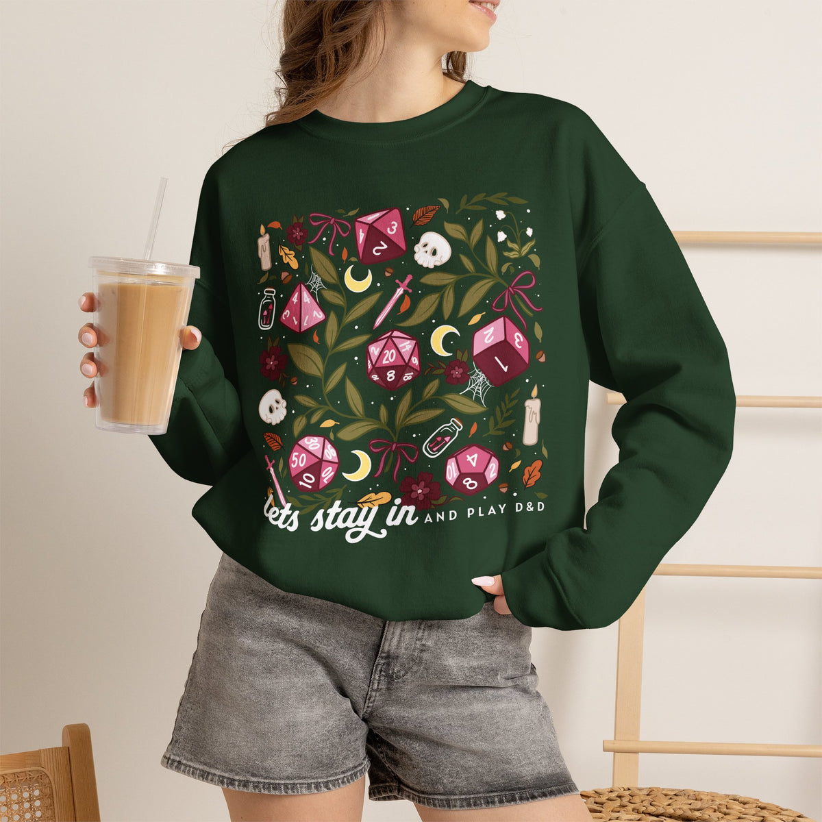 “Let’s Stay In” Dark Botanical Dice Crewneck Sweatshirt