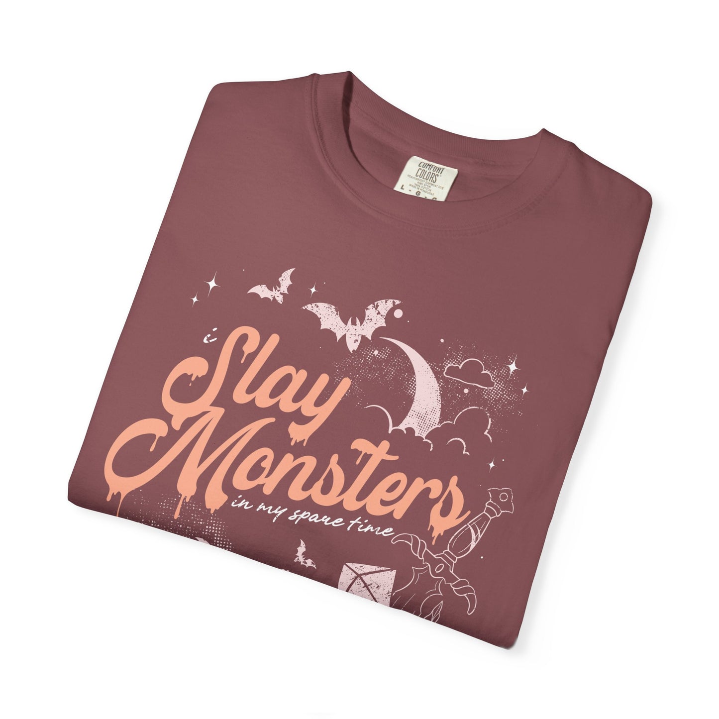 “I Slay Monsters in My Spare Time” Comfort Colors Tee | Dark Fantasy TTRPG Graphic T-Shirt | Gothic Tabletop Gamer Shirt