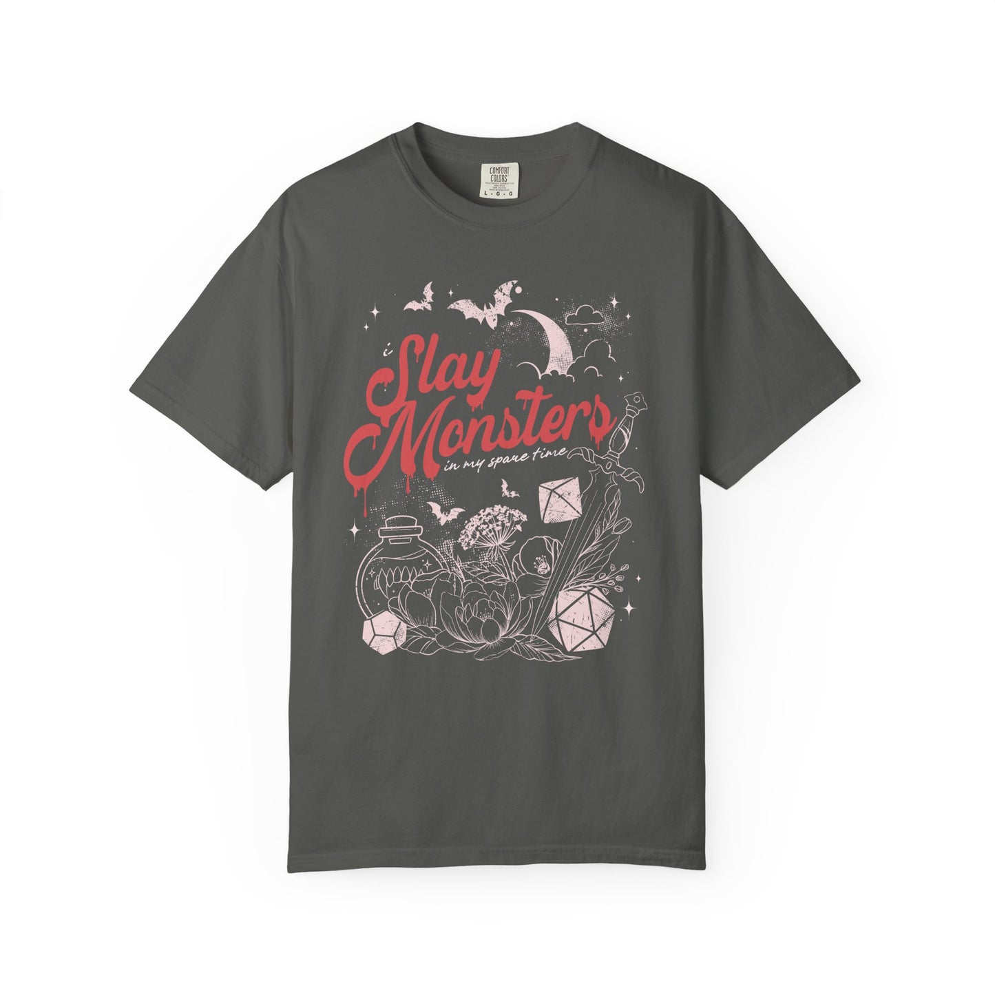 “I Slay Monsters in My Spare Time” Comfort Colors Tee | Dark Fantasy TTRPG Graphic T-Shirt | Gothic Tabletop Gamer Shirt