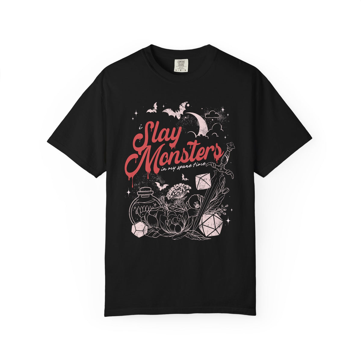 “I Slay Monsters in My Spare Time” Comfort Colors Tee | Dark Fantasy TTRPG Graphic T-Shirt | Gothic Tabletop Gamer Shirt