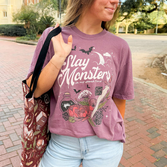 “I Slay Monsters in My Spare Time” Comfort Colors Tee | Dark Fantasy TTRPG Graphic T-Shirt | Gothic Tabletop Gamer Shirt