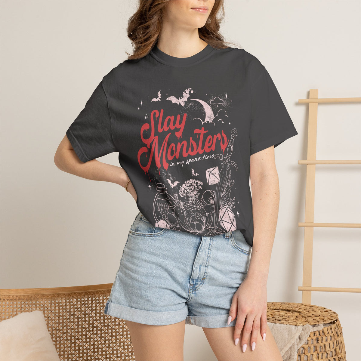 “I Slay Monsters in My Spare Time” Comfort Colors Tee | Dark Fantasy TTRPG Graphic T-Shirt | Gothic Tabletop Gamer Shirt